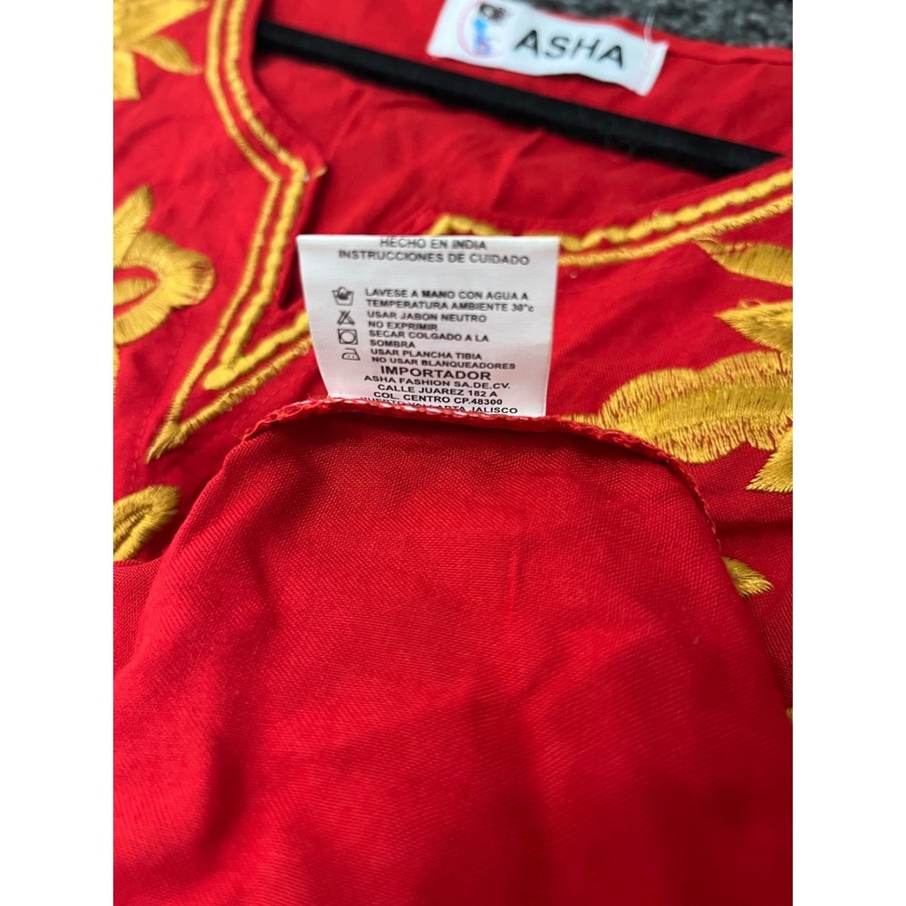 Asha Red Gold Floral Embroidered Tunic Dress Rayon Short Sleeve Boho One Size - Picture 8 of 16